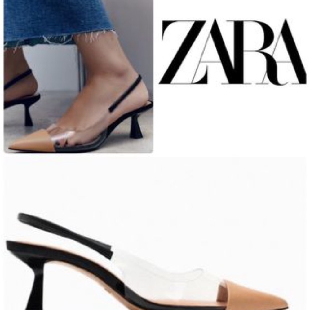 Zara Two-Tone Clear Slingback Heels in Black and Tan
